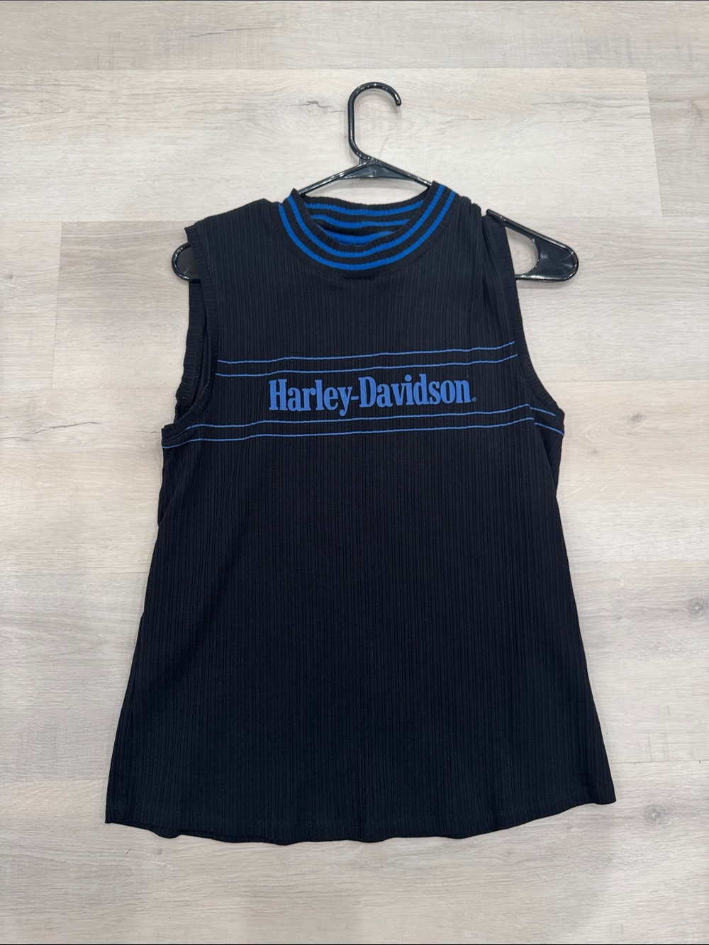 Harley-Davidson Black Tank Top with Blue Logo and Trim. FITS LIKE A LARGE TO XL